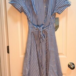 London Times Blue and White Striped Tie-Waist Midi Dress